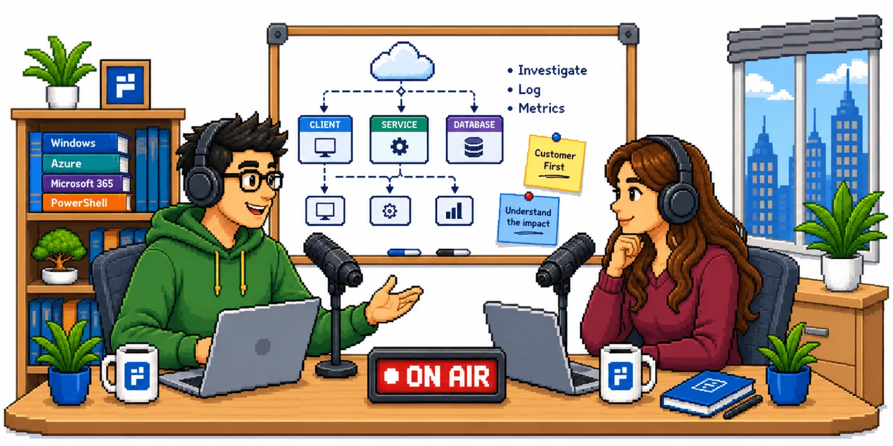 Alex and Maya recording Support Engineering Weekly in a retro pixel-art podcast studio.